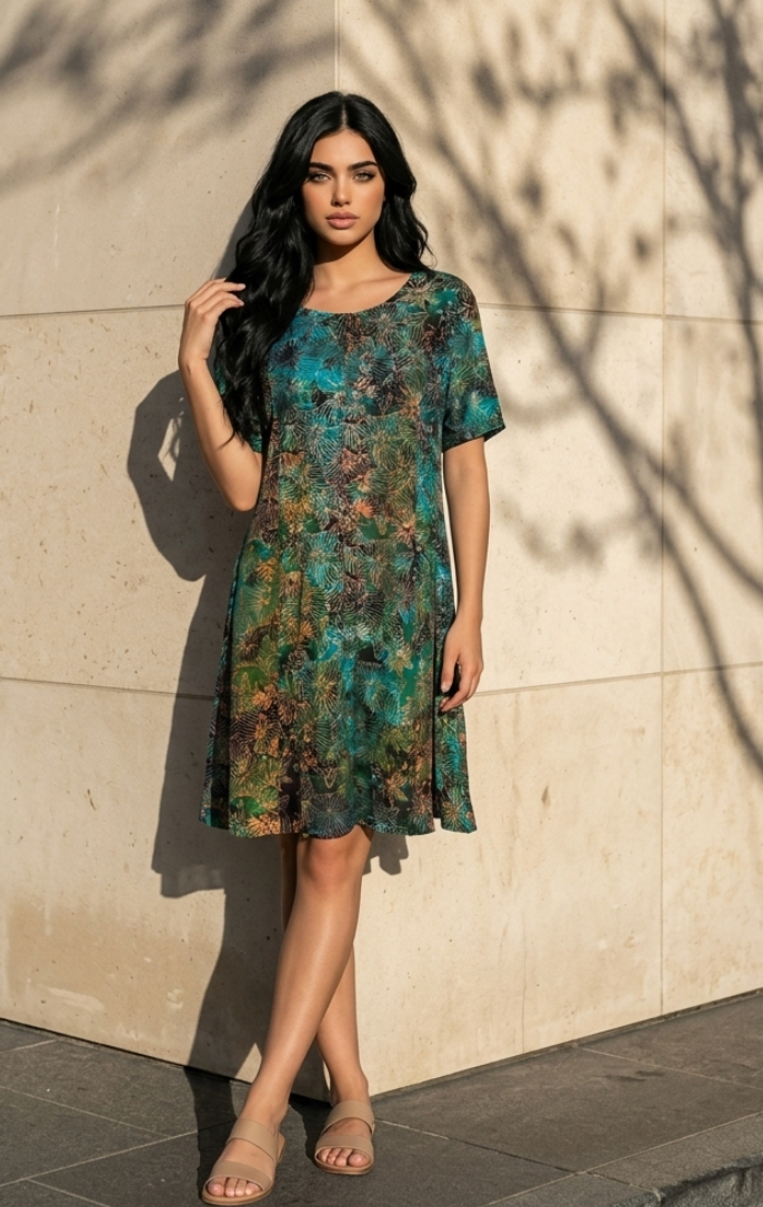 Short Sleeve Dress Aqua/ Tangerine Batik