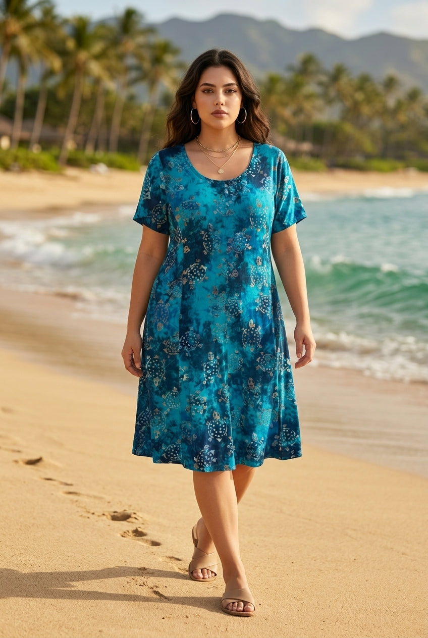 Short Sleeve Dress- Aqua Turtle